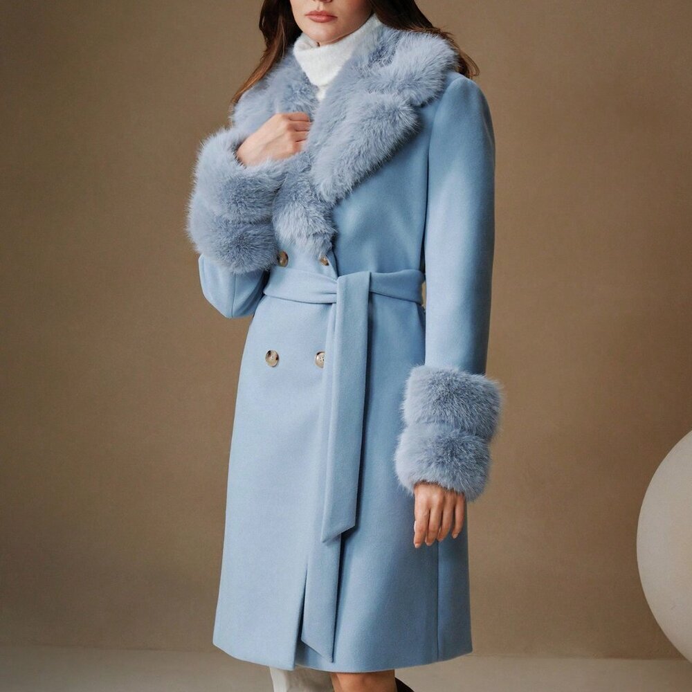 Blue And White Elegant Women's Faux Fur Collar Wool Blend Long Belted Coat - Picture 7 of 8